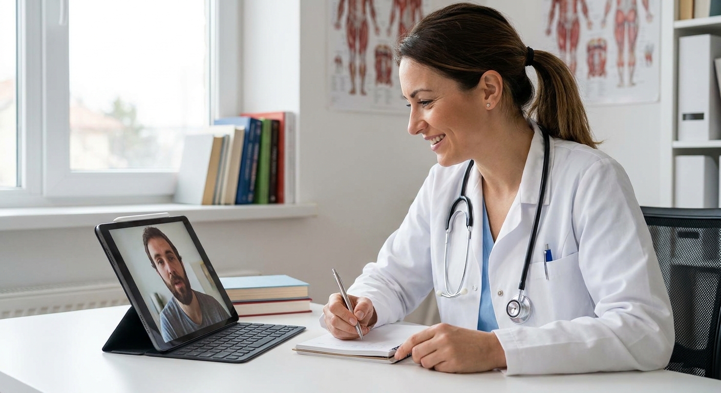 A doctor consulting with a patient via a video call on a tablet.