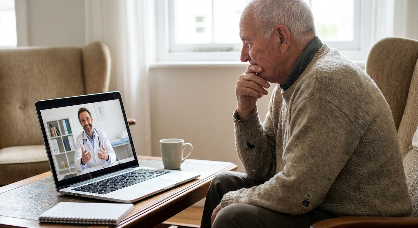 A doctor provides a consultation to a patient via a video call on a laptop.