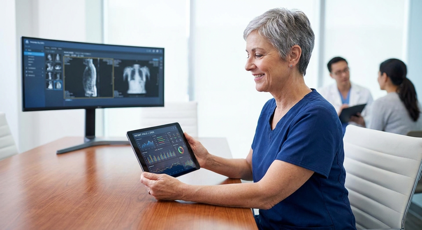 A doctor reviews patient data on a tablet, showcasing modern healthcare technology.