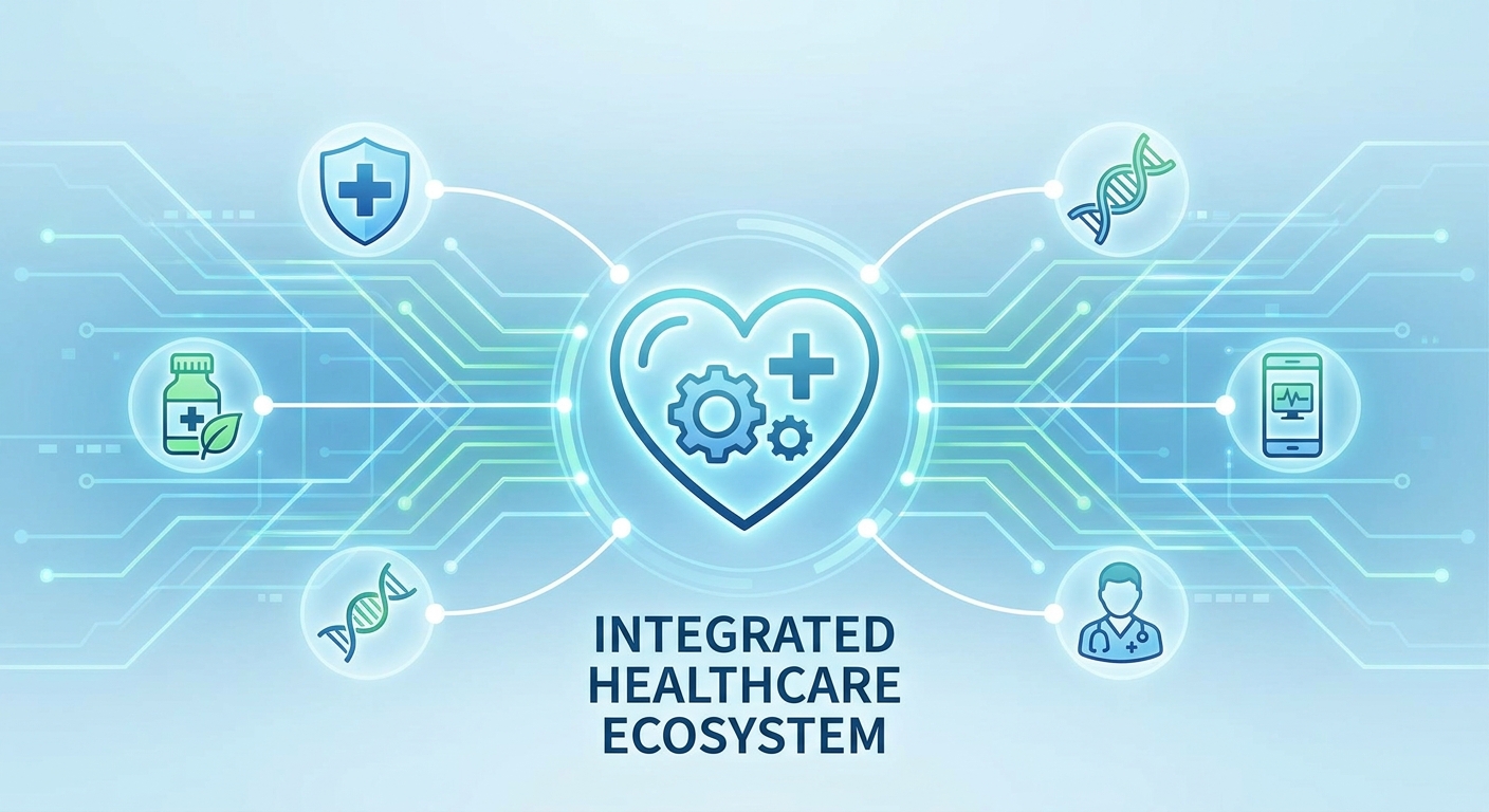 A graphic showing interconnected icons representing different aspects of healthcare like a heart, a plus sign, and a mobile phone.