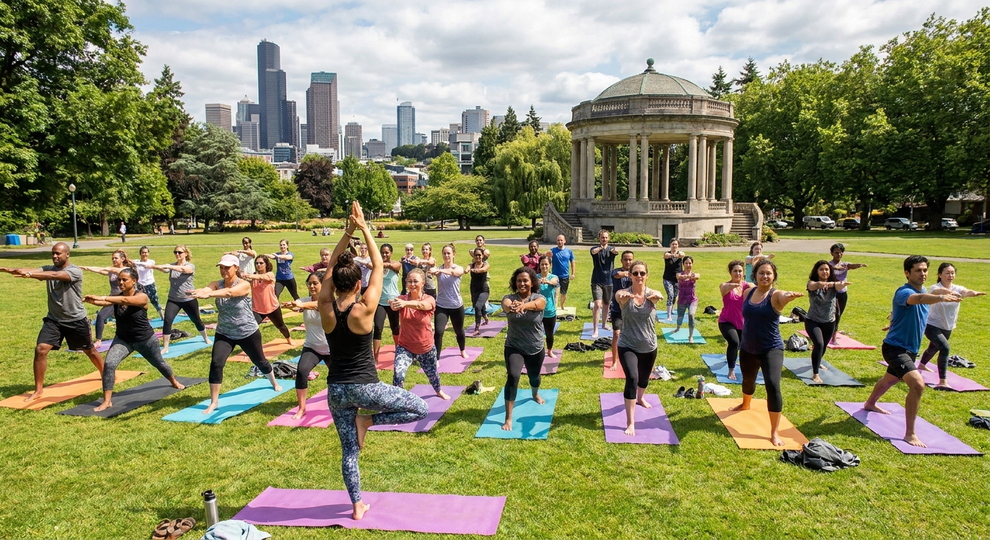 A group of people participating in an outdoor community yoga session.