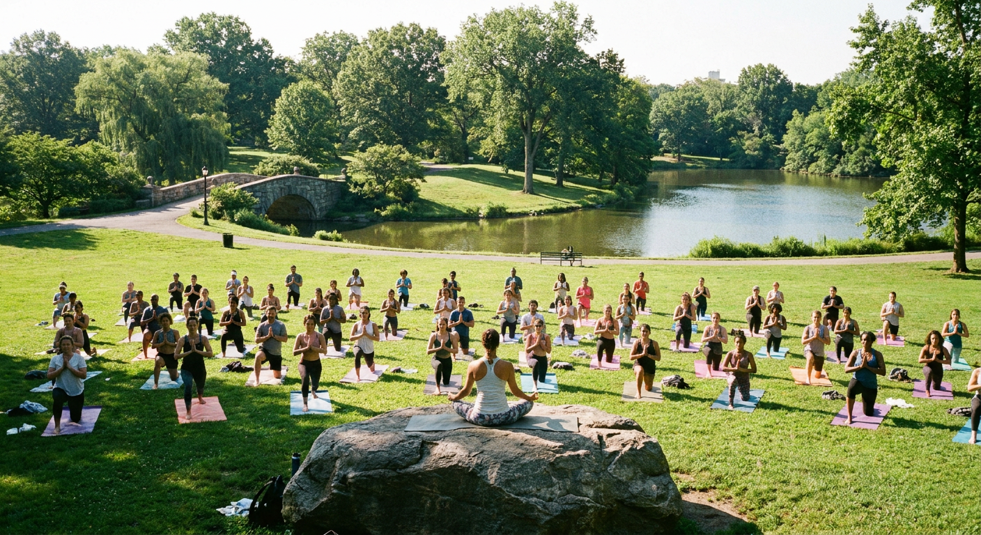 A group of people participating in an outdoor yoga session in a park.