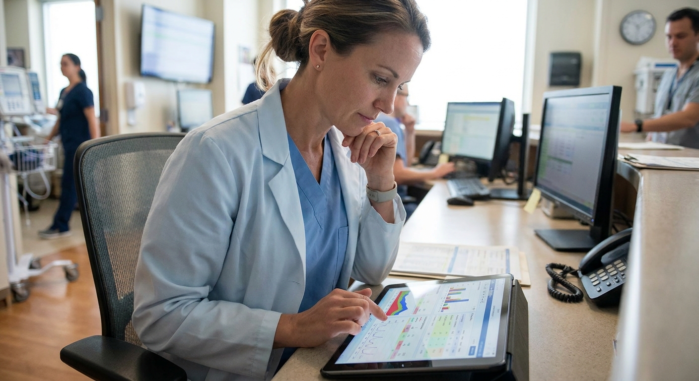 A healthcare professional reviewing data on a tablet.