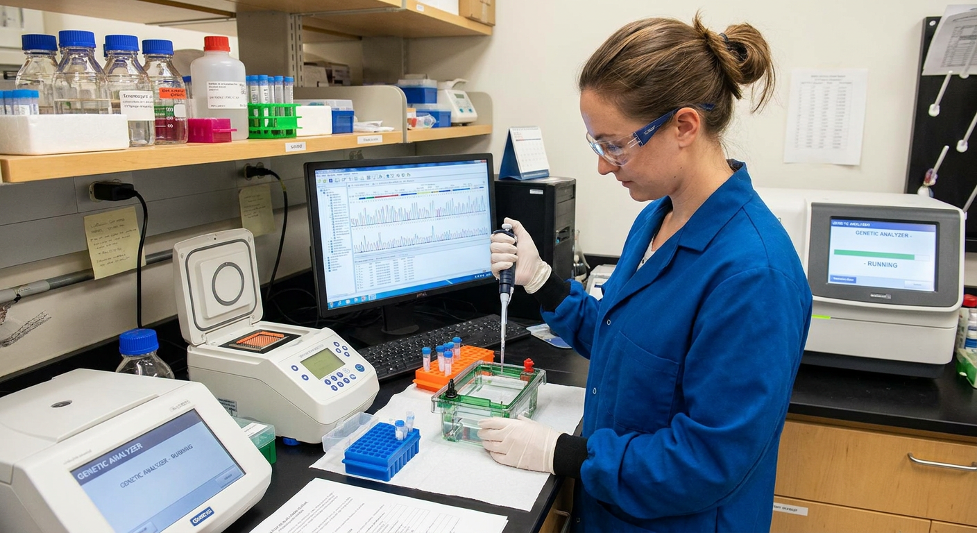 A laboratory technician analyses DNA samples for genetic testing.
