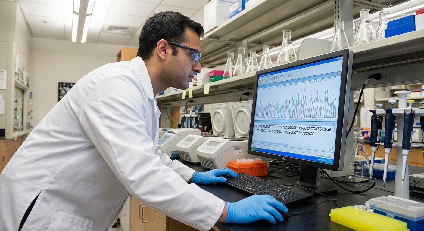 A laboratory technician analysing a DNA sequence on a computer screen.