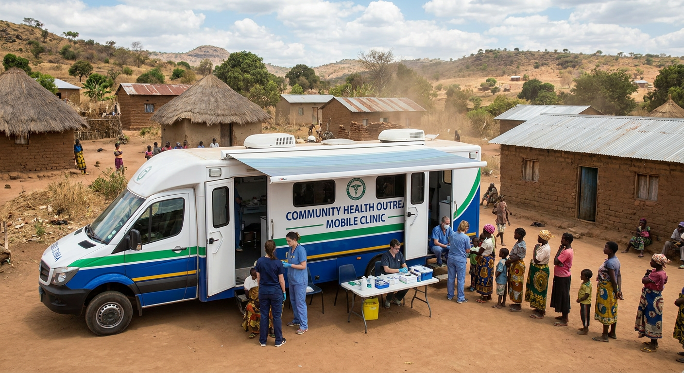 A mobile health clinic van providing services in a rural village.