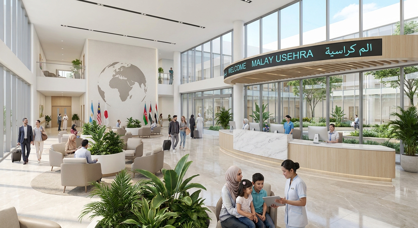 A modern and clean hospital lobby in Malaysia, welcoming international patients.