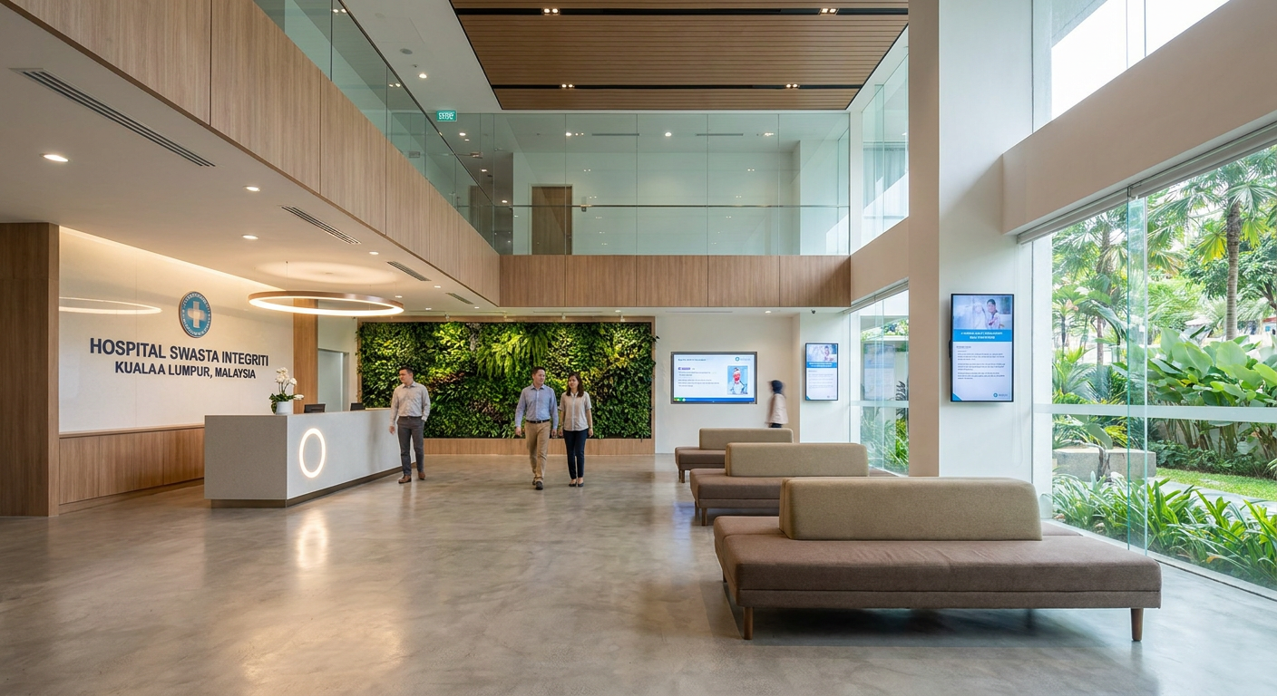 A modern and clean private hospital lobby in Malaysia.