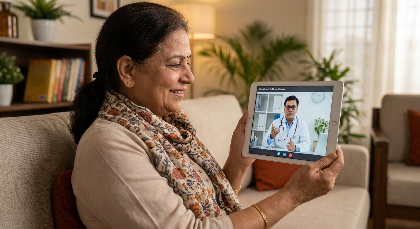 A patient consulting with a doctor remotely via a tablet.