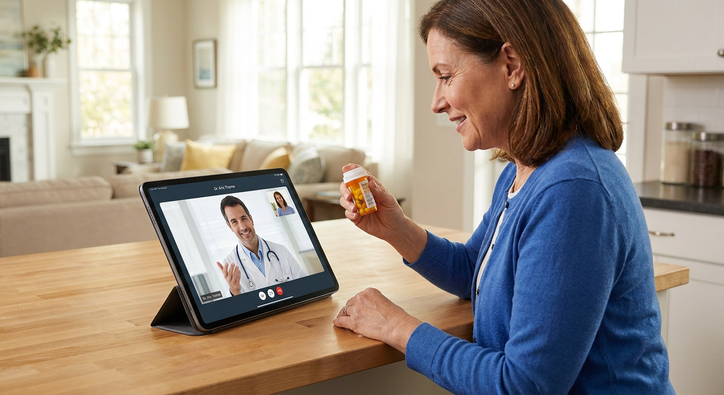 A patient consulting with a doctor through a video call on a tablet.
