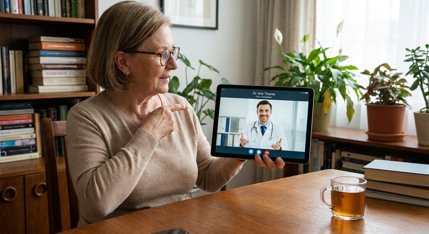 A patient consulting with a doctor via a video call on a tablet.