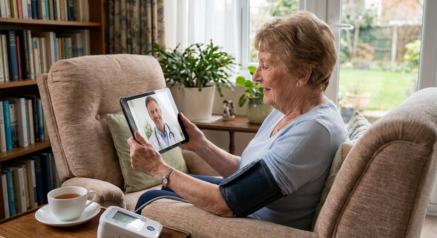 A patient engaging in a telehealth consultation from the comfort of their home.