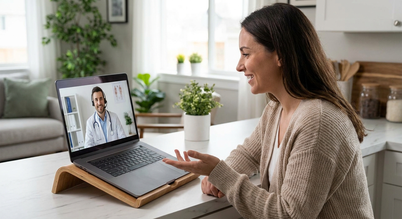 A patient having a telehealth consultation with a doctor via a laptop.