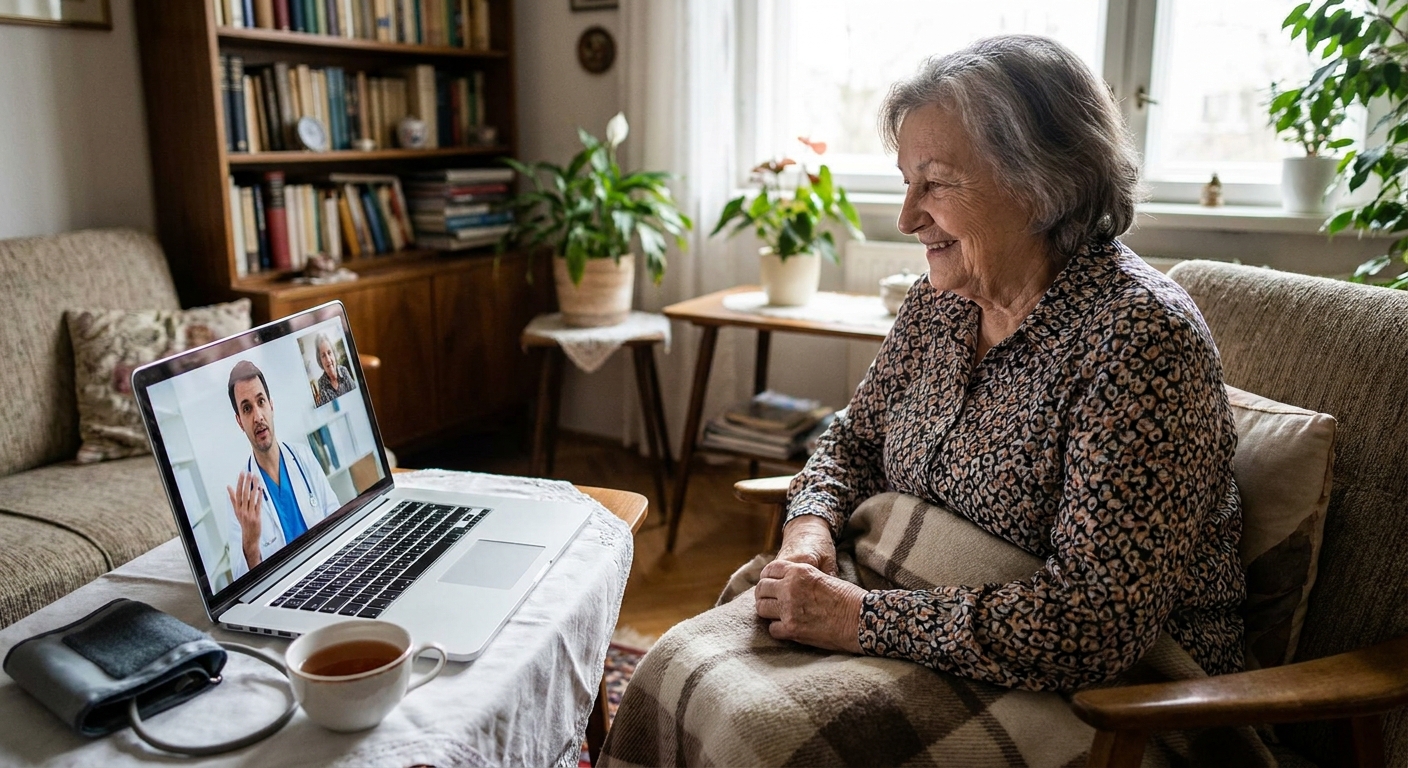 A patient having a telehealth consultation with a doctor via a laptop.