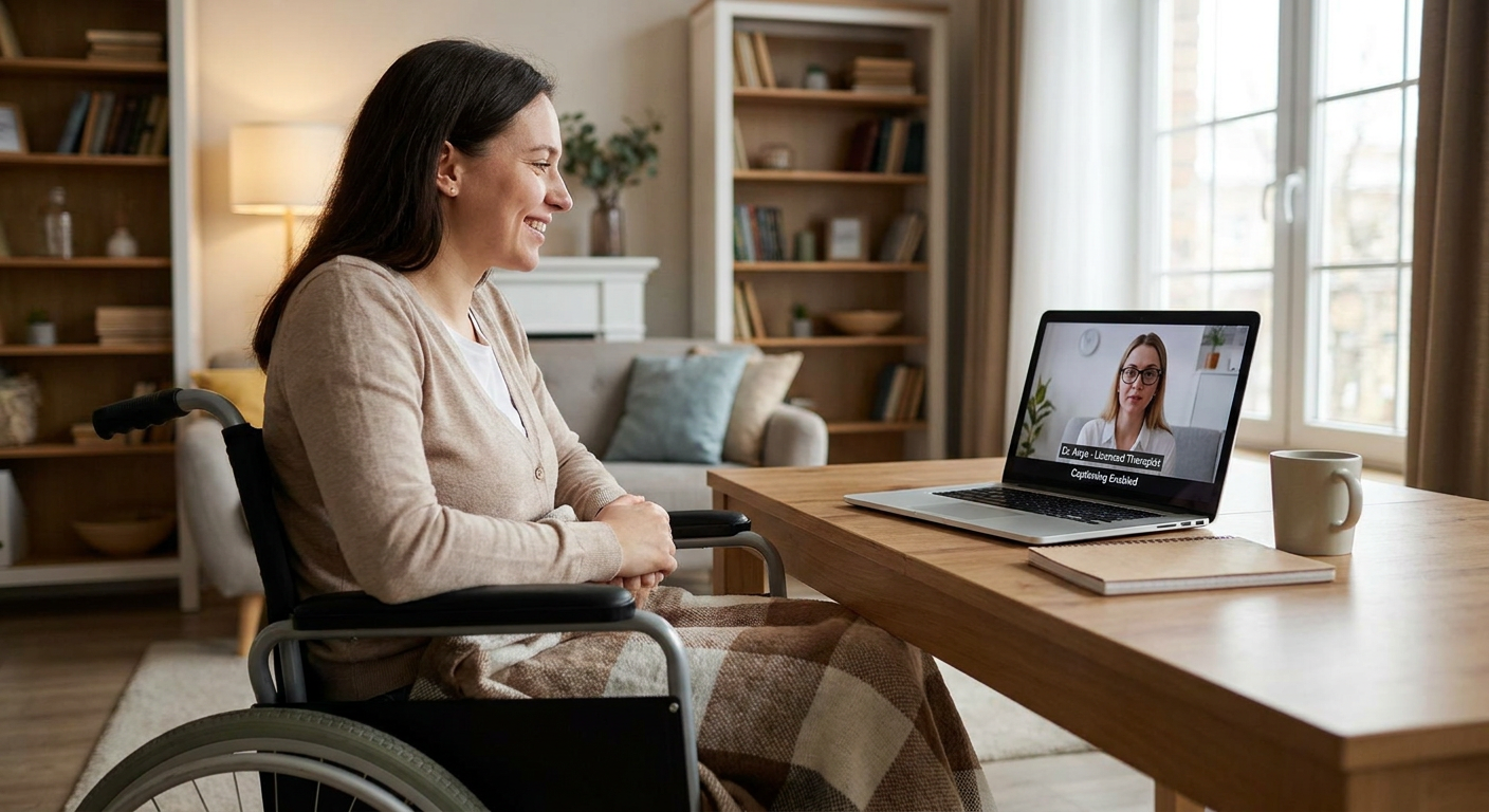 A person using a laptop for an online therapy session, highlighting accessible mental health support.