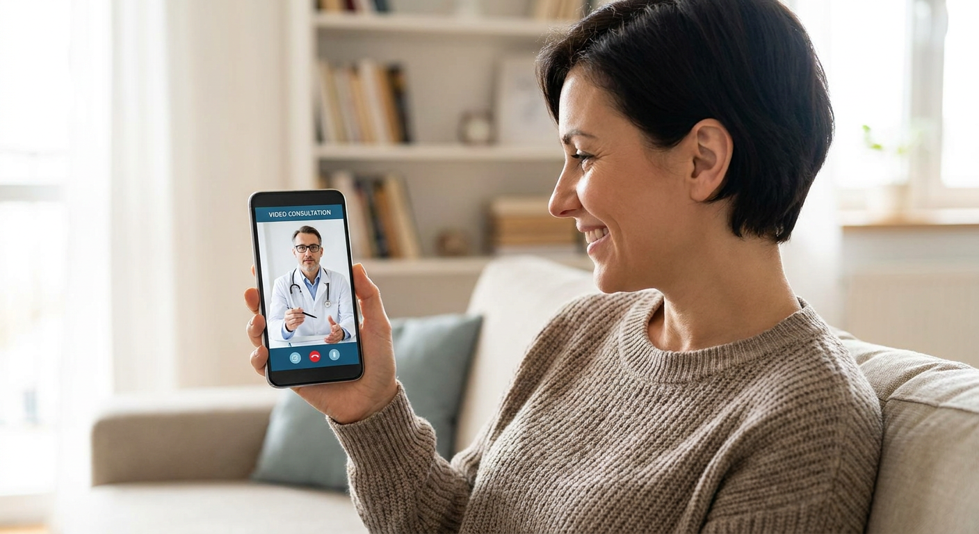 A person using a smartphone for a video consultation with a doctor.