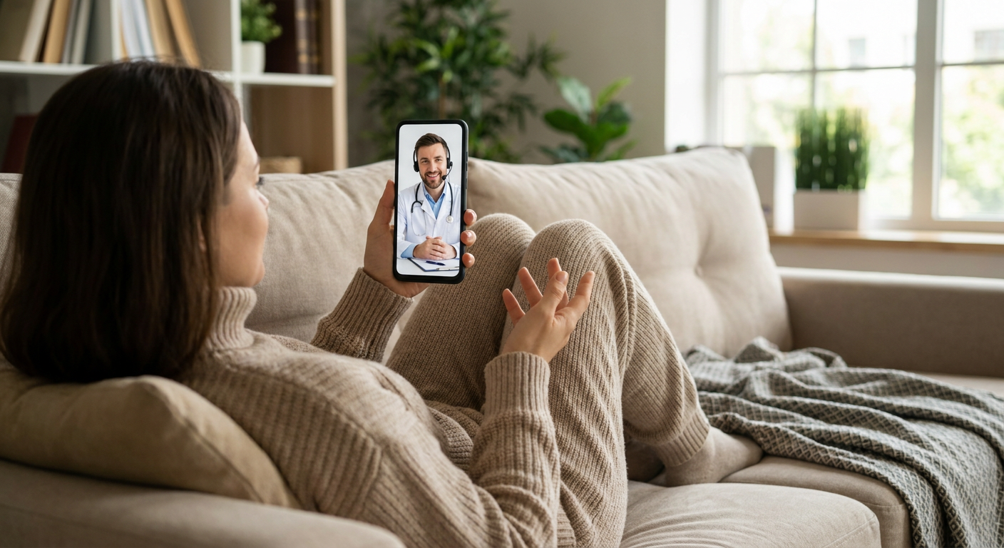 A person using a smartphone to consult with a doctor from the comfort of their home.