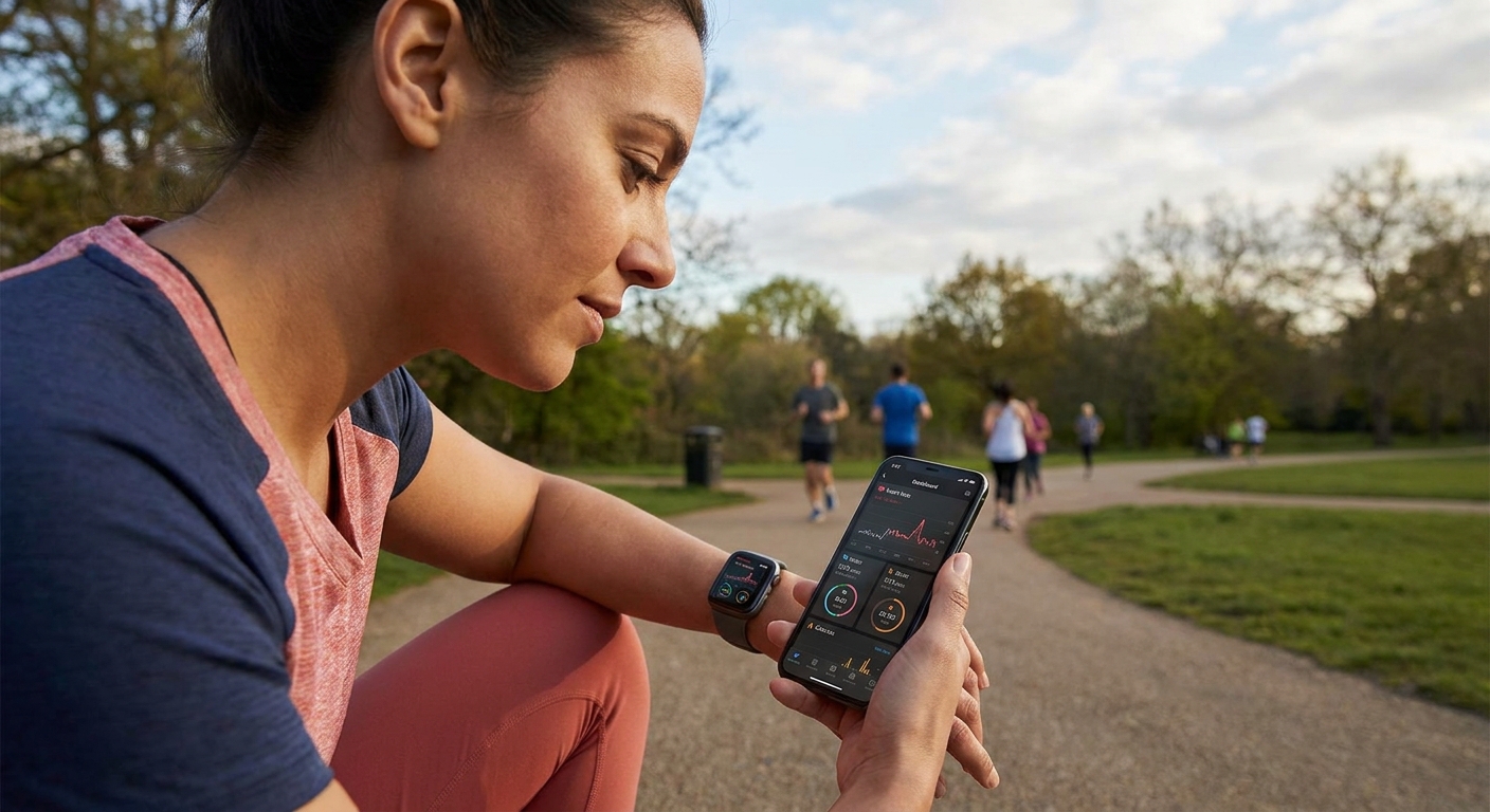 A person using a smartphone to track their fitness and health data.