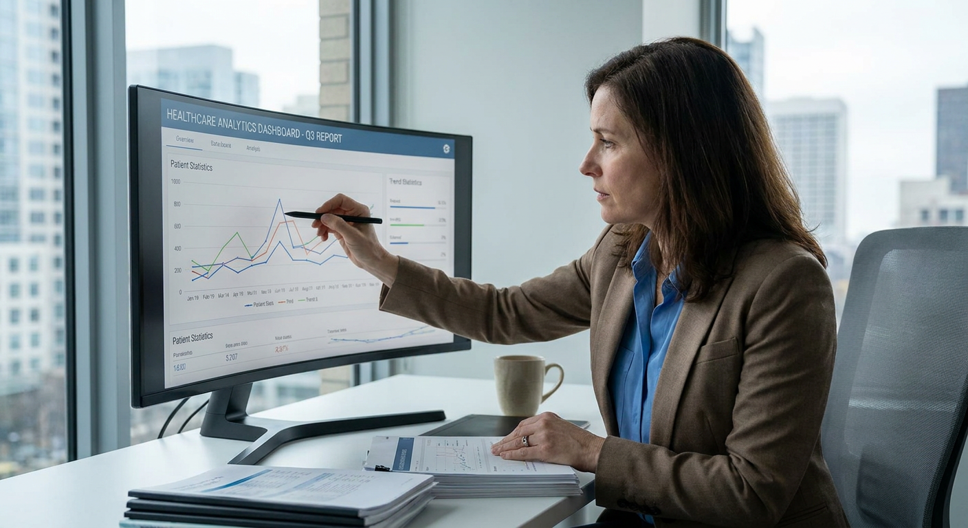 A professional carefully analyses healthcare data on a screen.