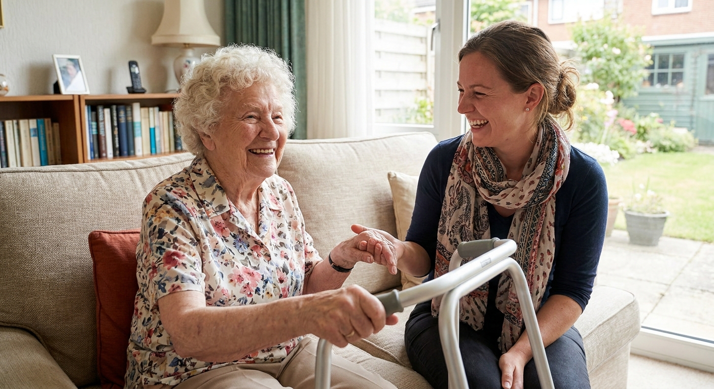 A senior citizen smiling while a caregiver provides assistance and companionship.