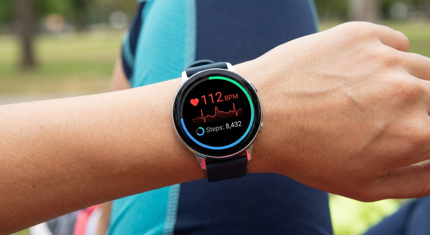 A smartwatch displaying health metrics like heart rate and steps taken.