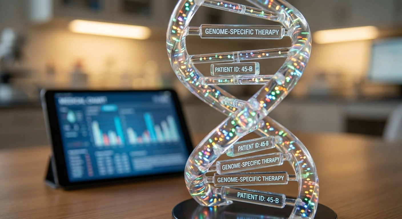 A close-up of a DNA helix model, symbolising personalised medicine.