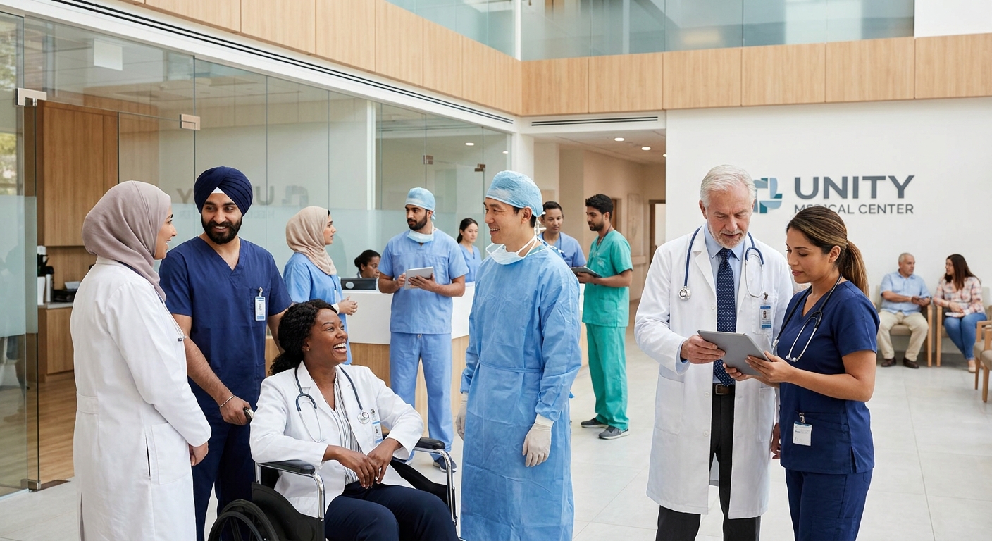 A diverse group of healthcare professionals in a modern hospital setting.