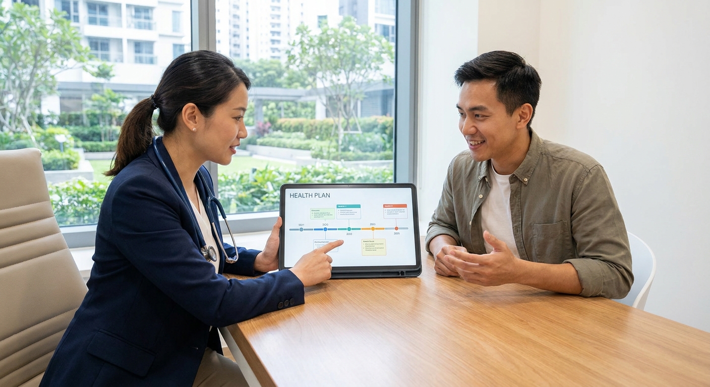 A doctor and patient discussing a health plan together in a modern clinic.