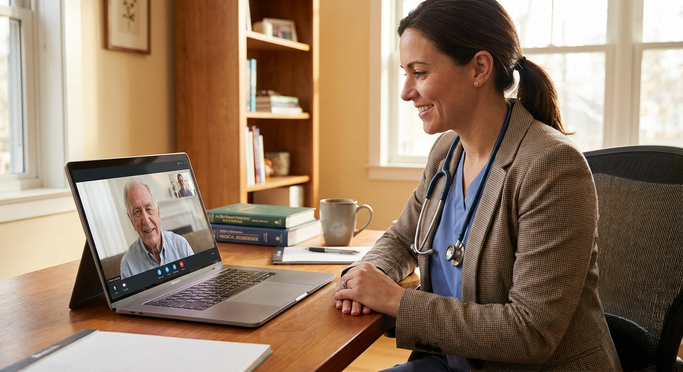 A doctor consulting with a patient via a video call on a laptop.
