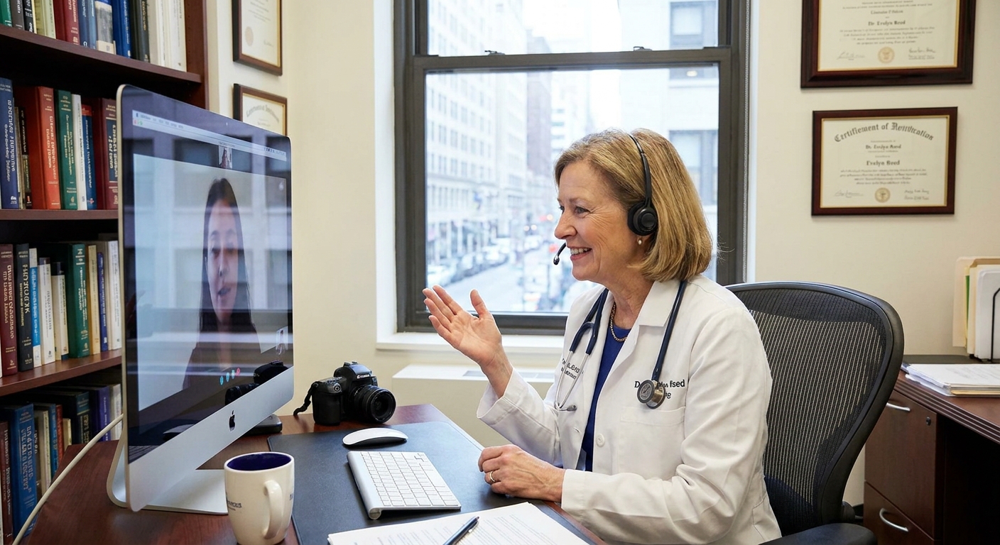 A doctor provides a telehealth consultation from their clinic.