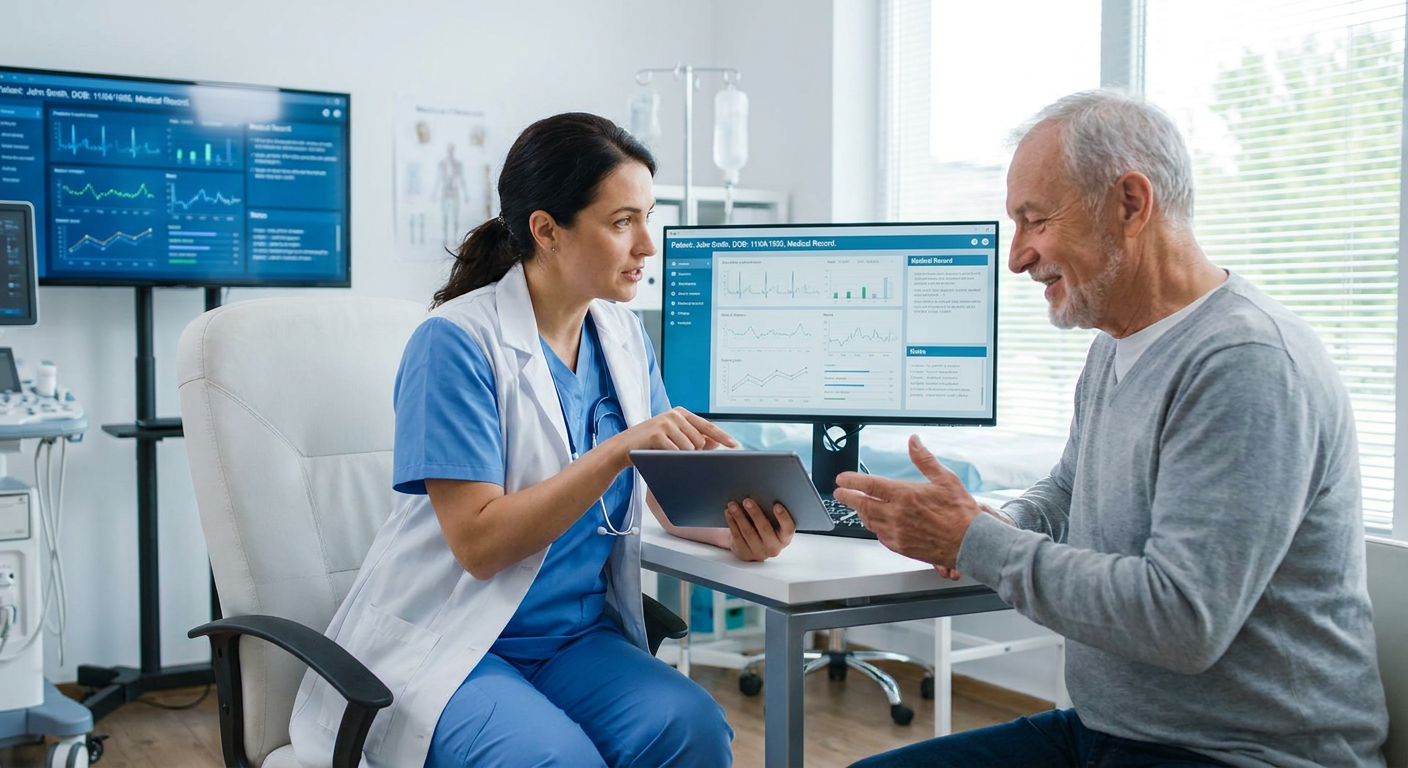 A doctor reviews a patient's digital health record on a tablet.