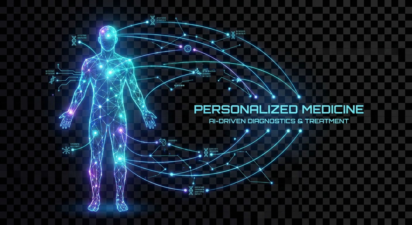 A futuristic graphic showing data points connecting to a human silhouette, representing personalised medicine.