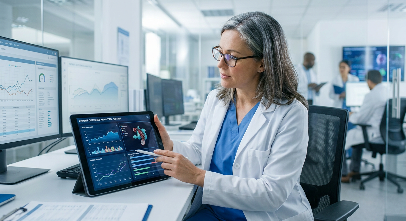 A healthcare professional analysing data on a tablet.