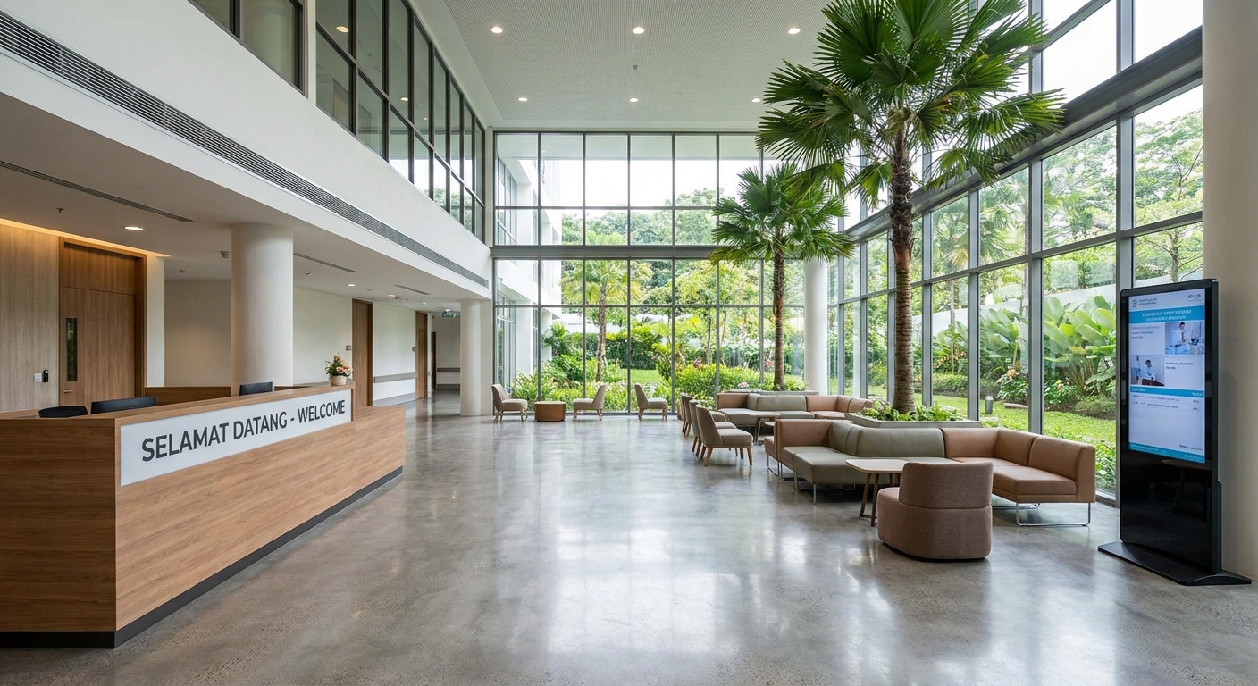 A modern and clean hospital lobby in Malaysia.