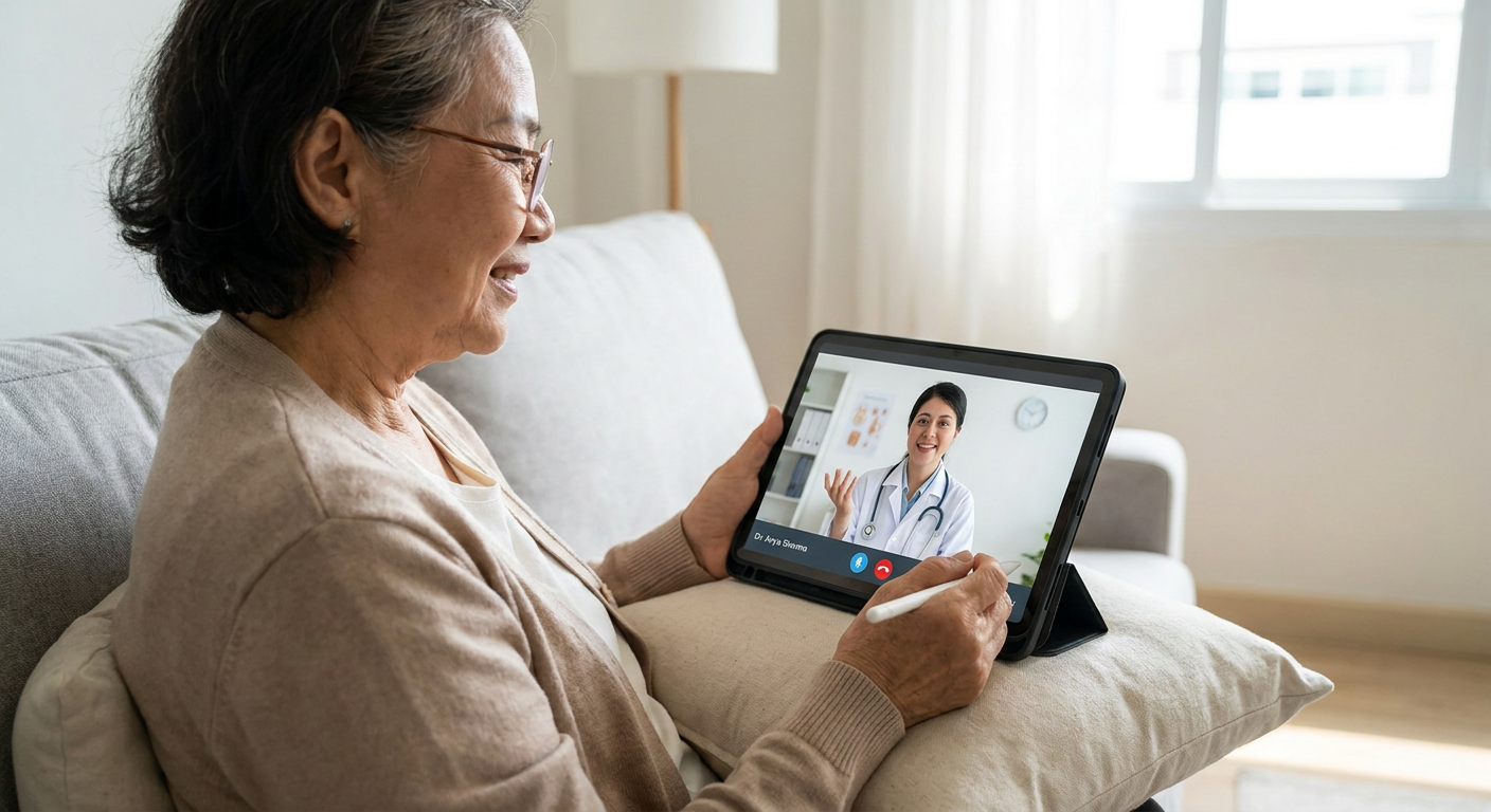 A patient consulting with a doctor via a video call on a tablet.