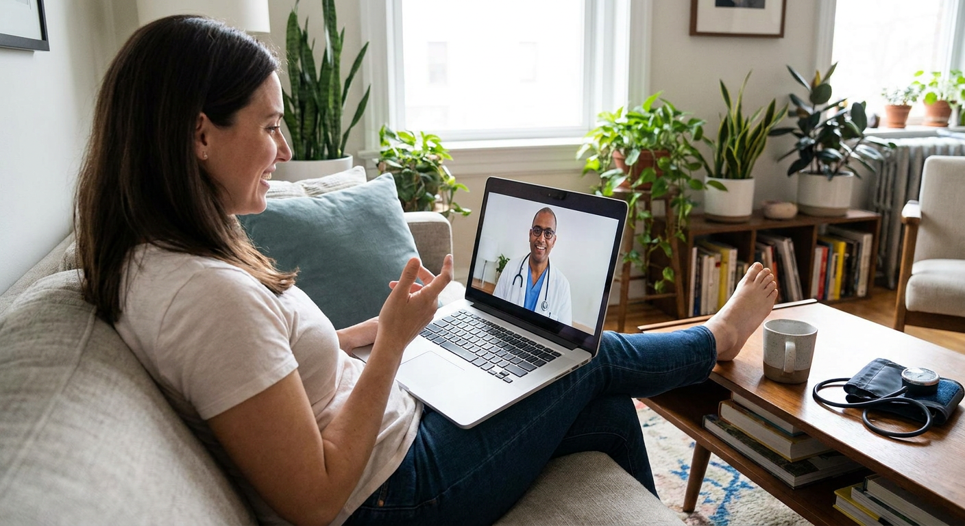 A patient having a telemedicine consultation with a doctor on her laptop.