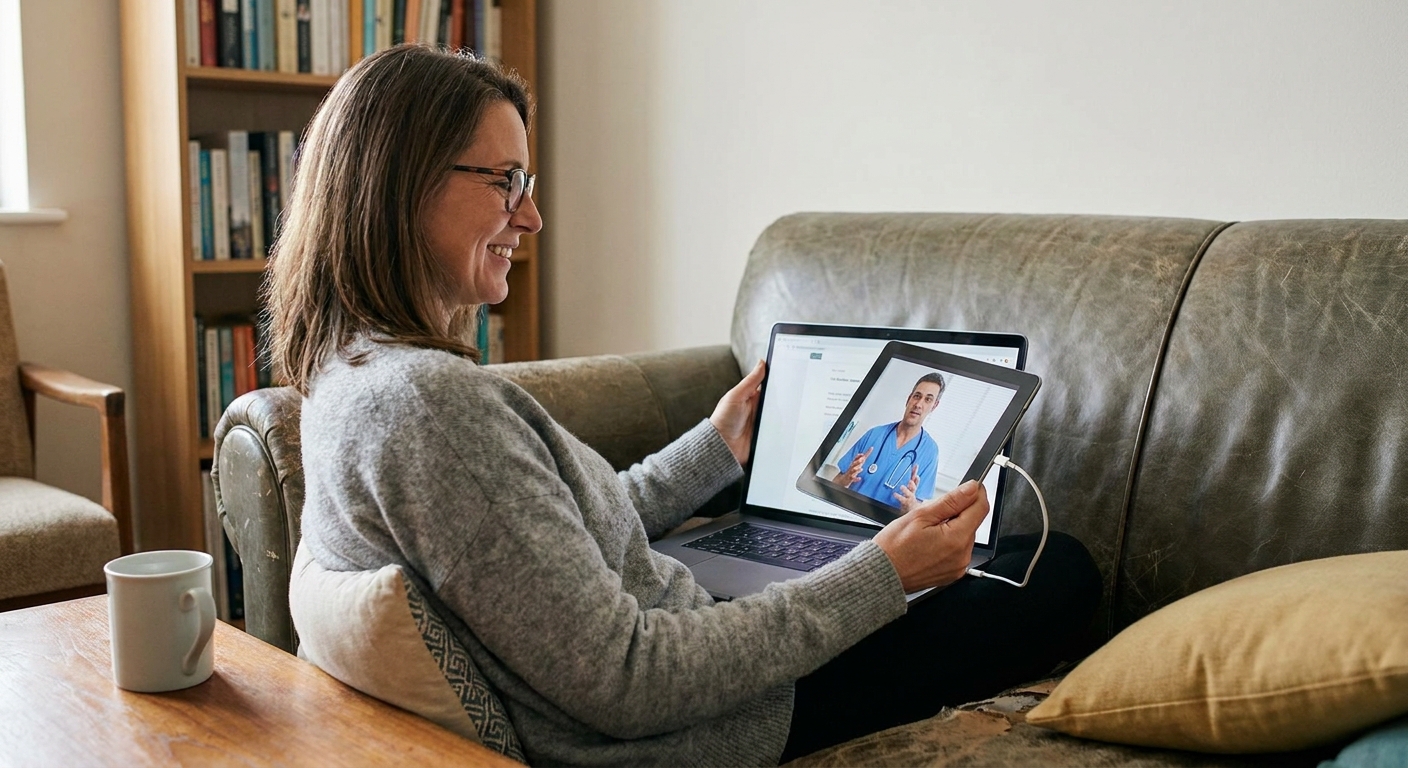 A patient having a video consultation with a doctor from home.
