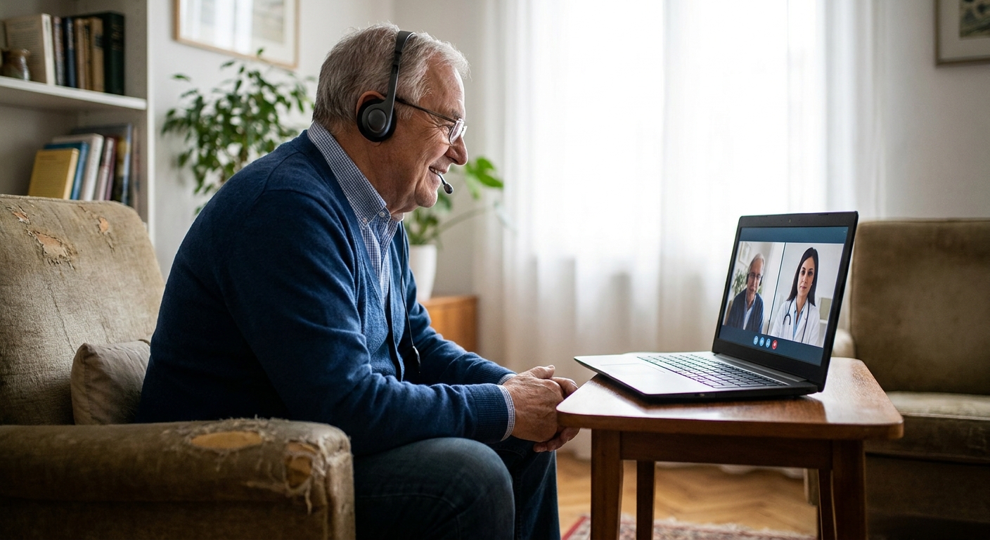A patient having a video consultation with a doctor on a laptop.