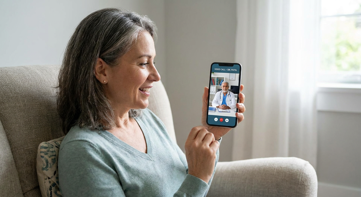 A patient using a smartphone for a video consultation with a doctor.