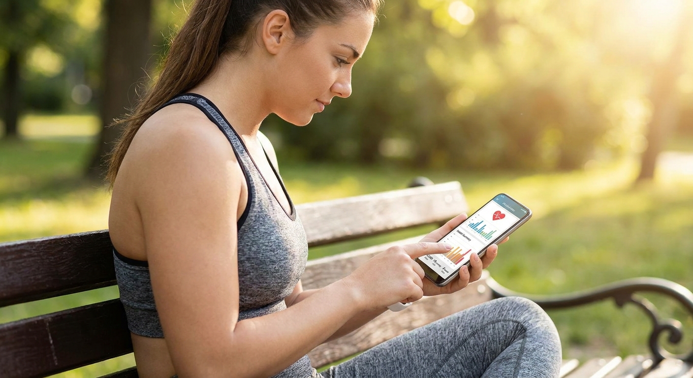 A person checks their health and fitness statistics on a smartphone app.