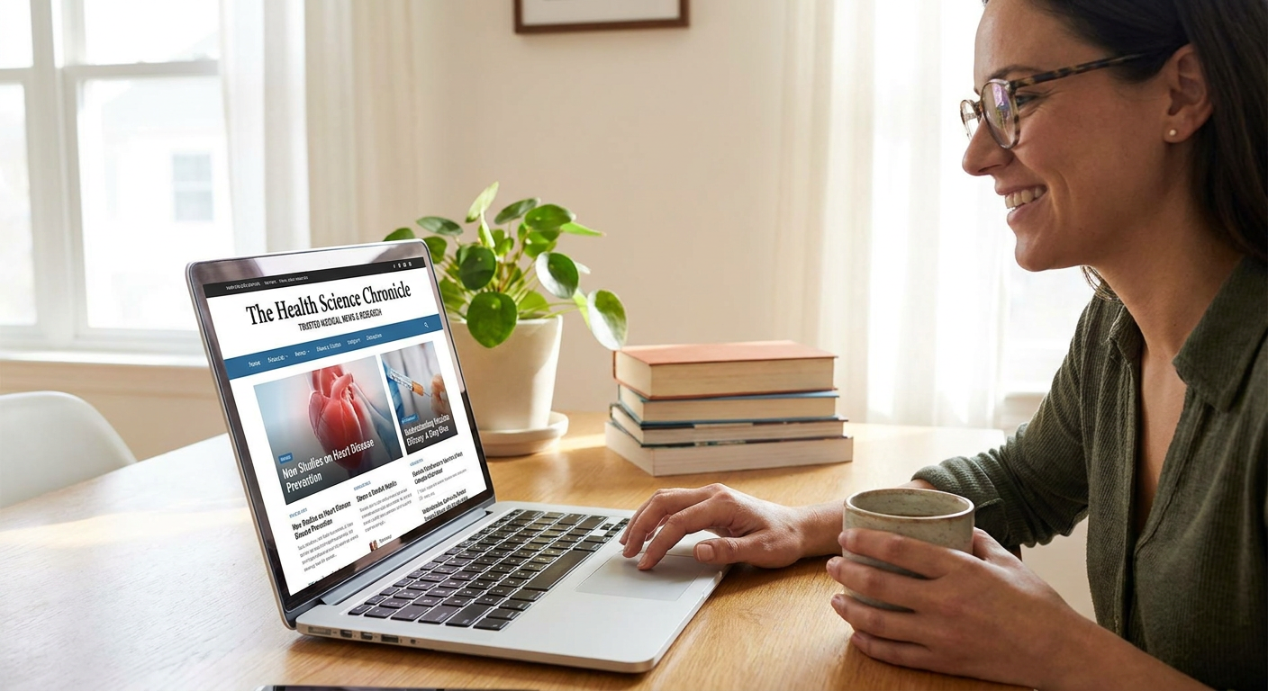 A person using a laptop to browse a reputable health news website.