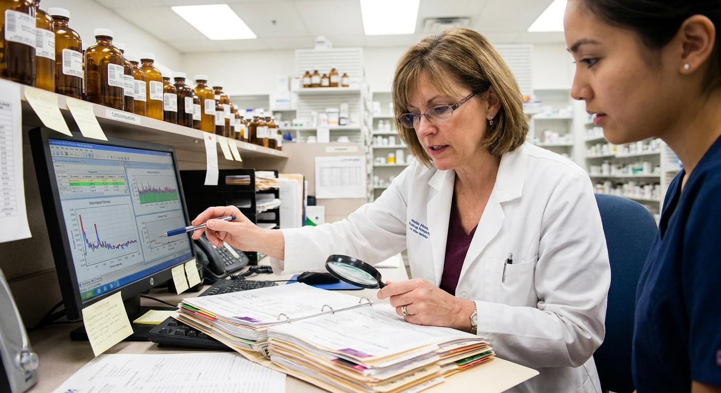 A pharmacist carefully reviewing medication protocols to ensure patient safety.