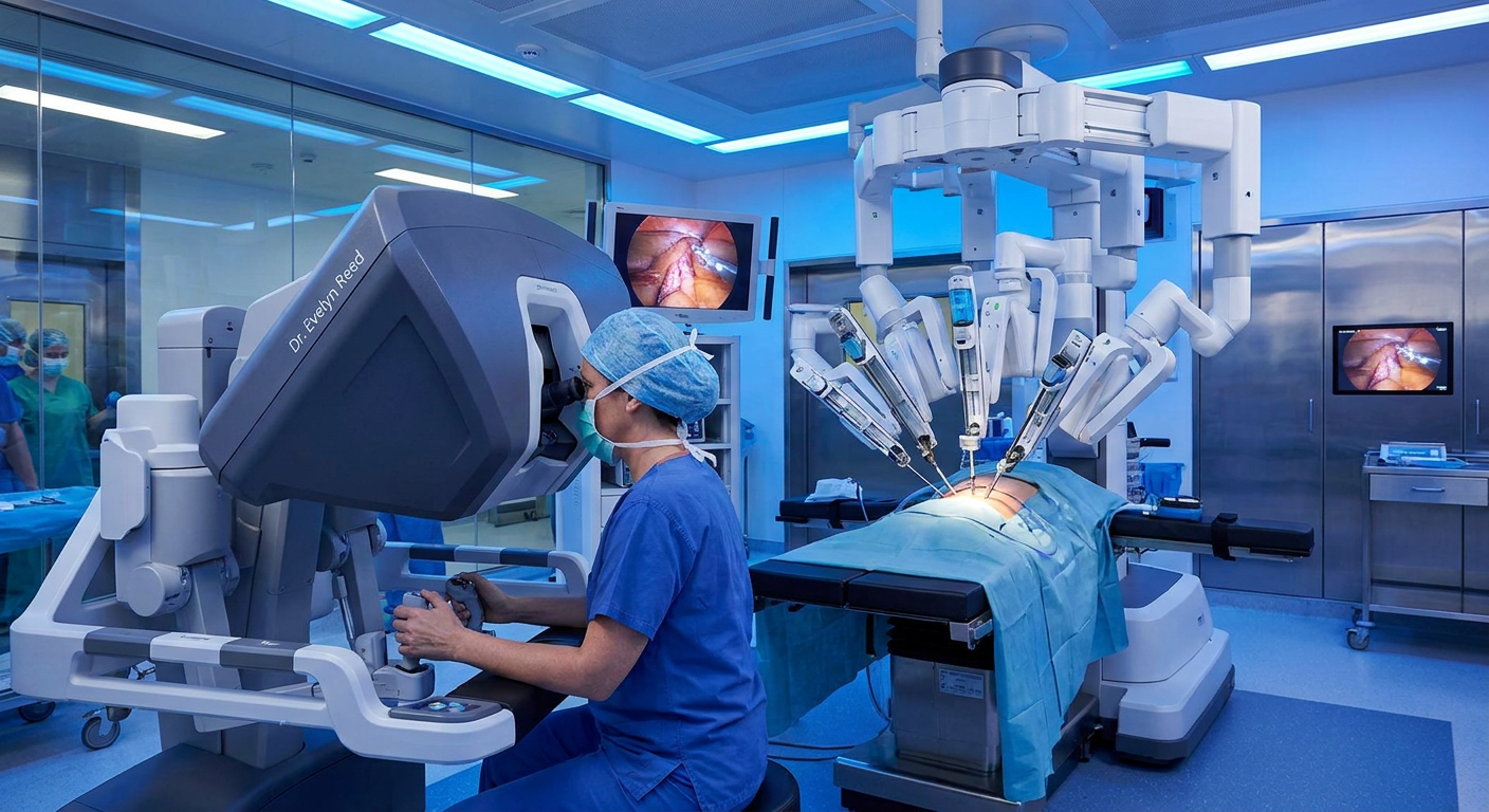 A surgeon operating a modern robotic surgery system.