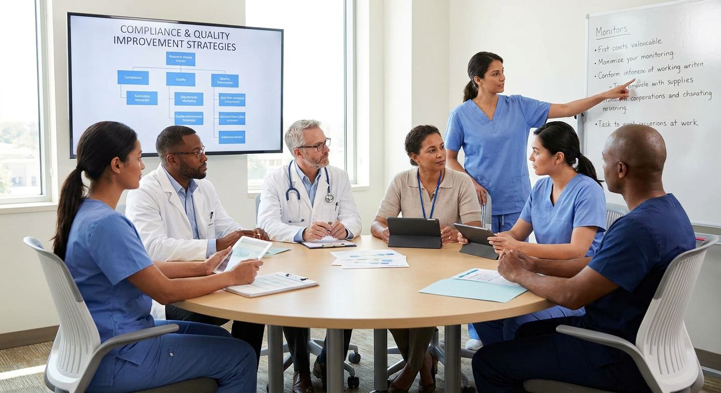 A team of healthcare professionals discussing compliance and quality improvement.