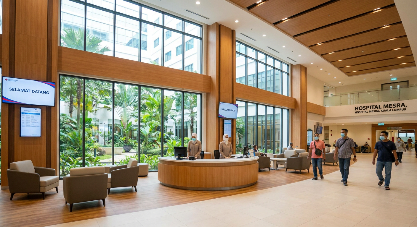 A welcoming and modern hospital lobby in Malaysia.