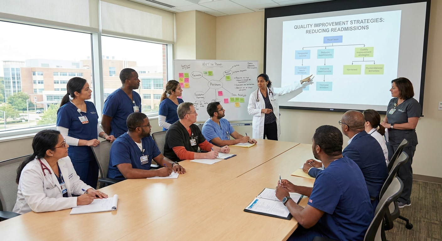 Healthcare professionals in a meeting to discuss quality improvement strategies.