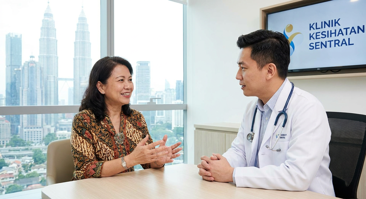 A confident patient speaking with a doctor in a modern Malaysian clinic.
