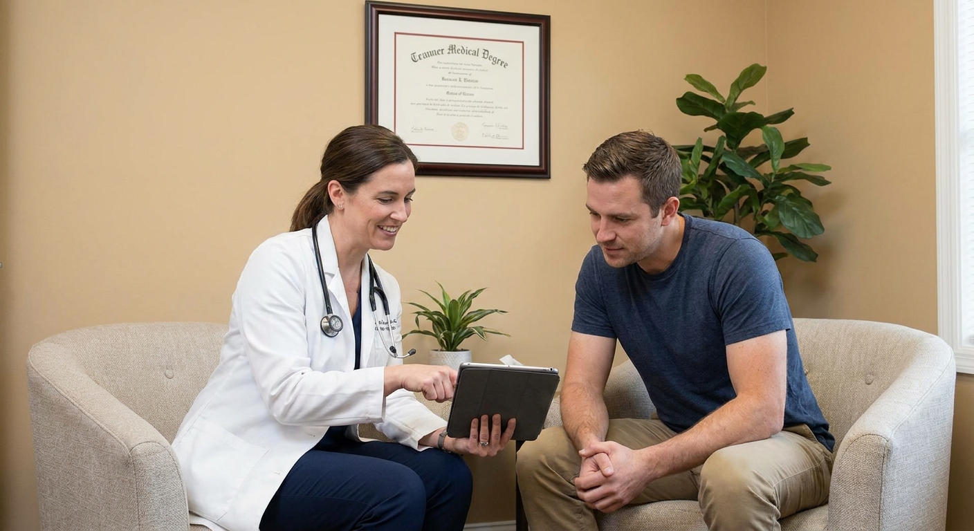 A doctor discussing results with a patient in a comfortable and professional clinic setting.
