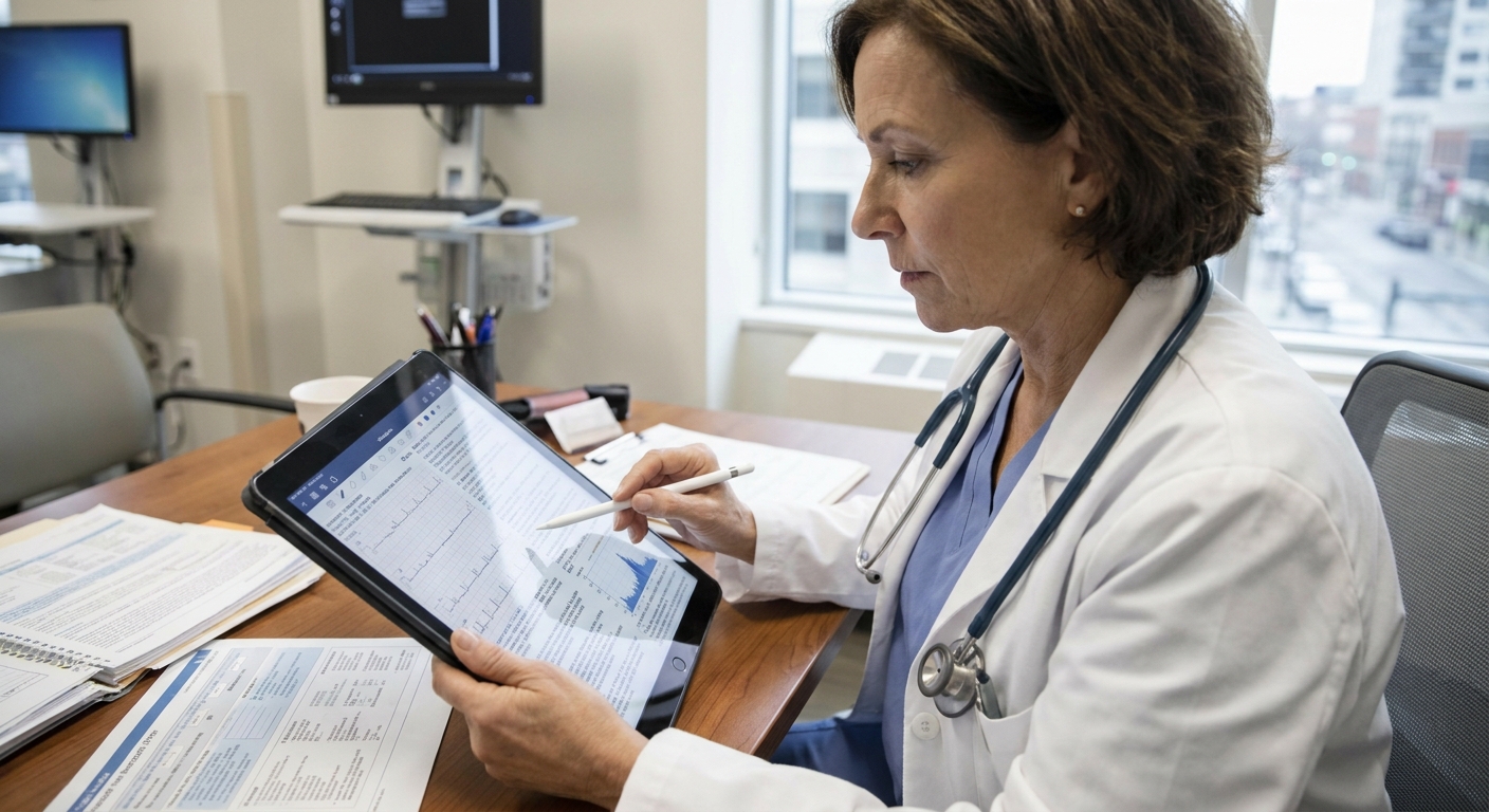 A healthcare professional carefully reviewing patient data on a tablet.