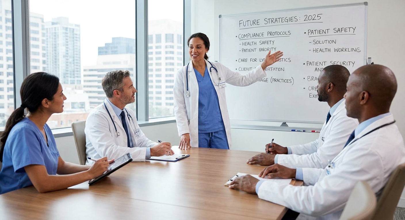 A medical team leader discussing future strategies and compliance measures.